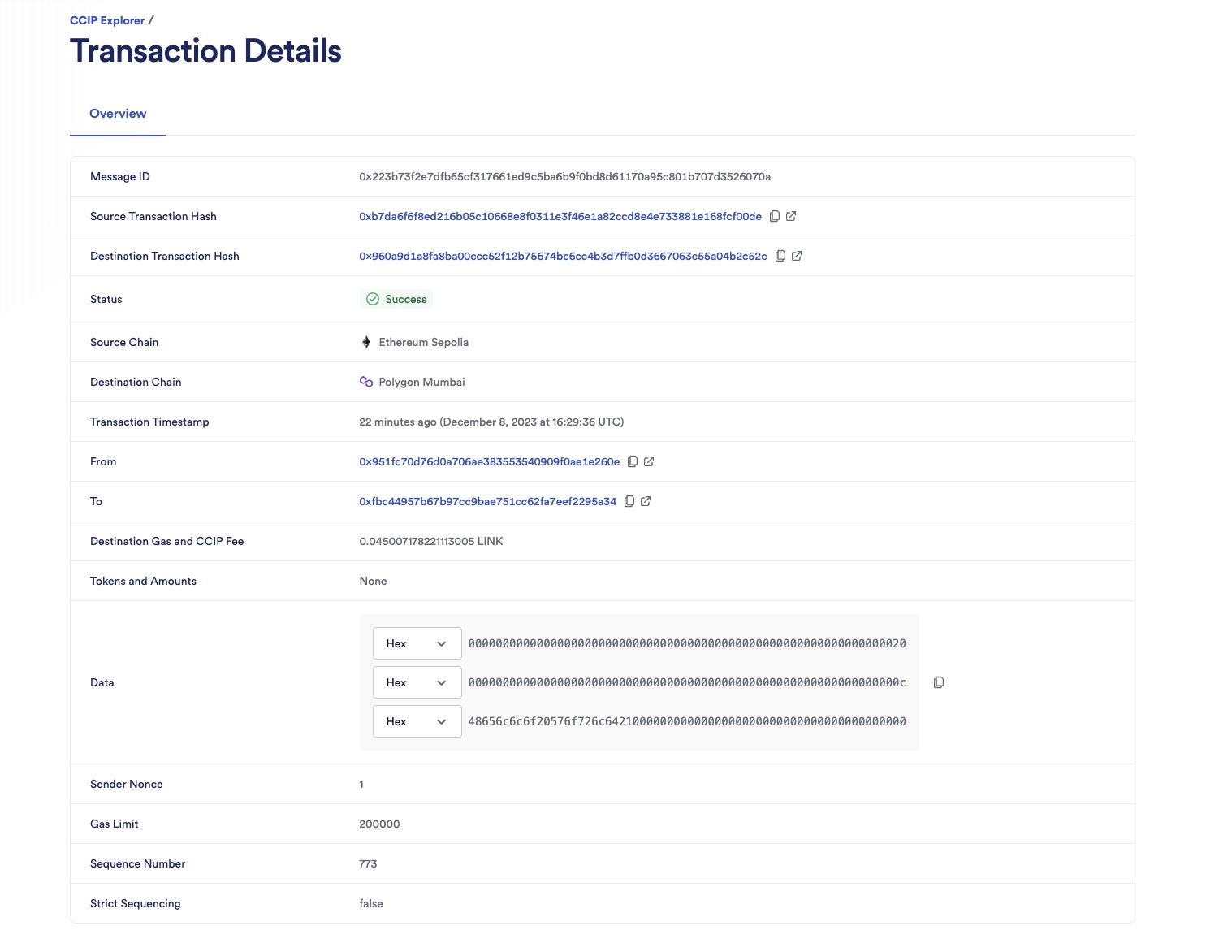 Chainlink CCIP Explorer transaction success